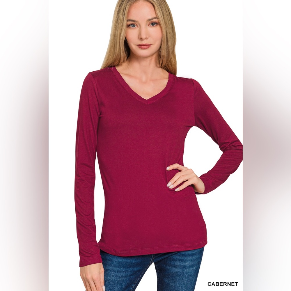 Zenana BRUSHED MICROFIBER LONG SLEEVE V-NECK TEE